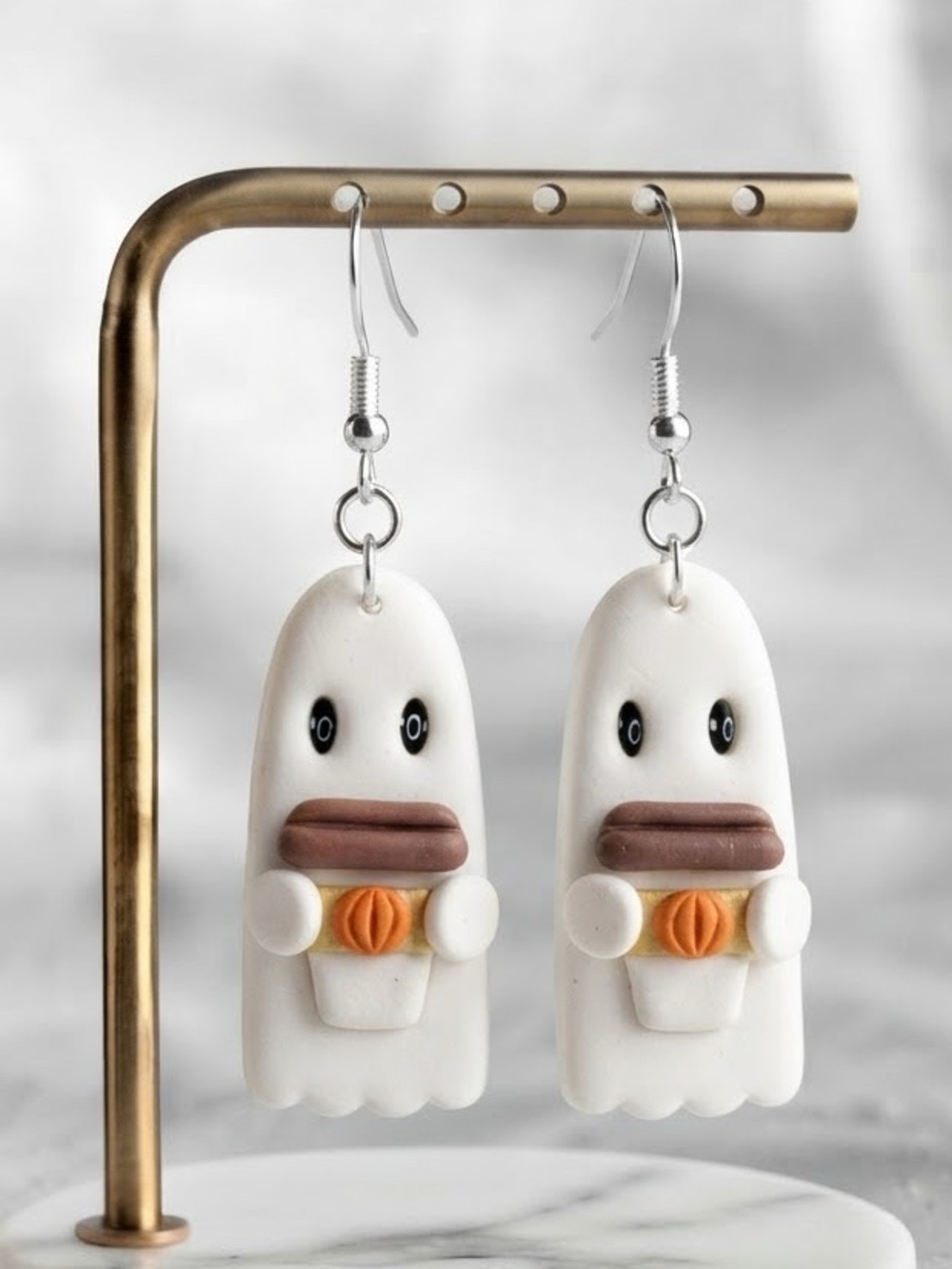 Fall Ghostie Holding Latte — Fall — Handmade Earrings — White
